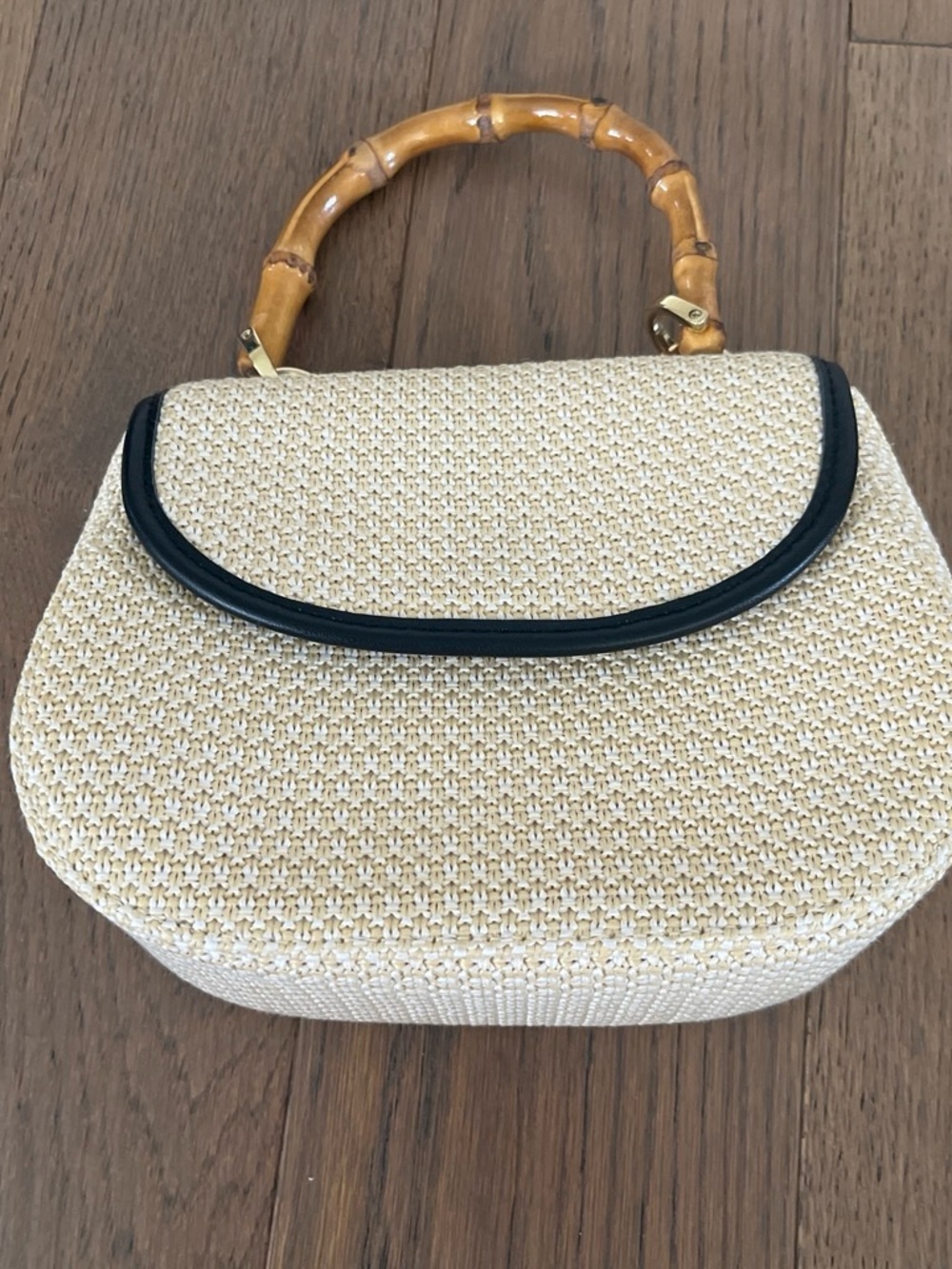 Woven Straw Top-Handle Bag with Bamboo Handle - Beige